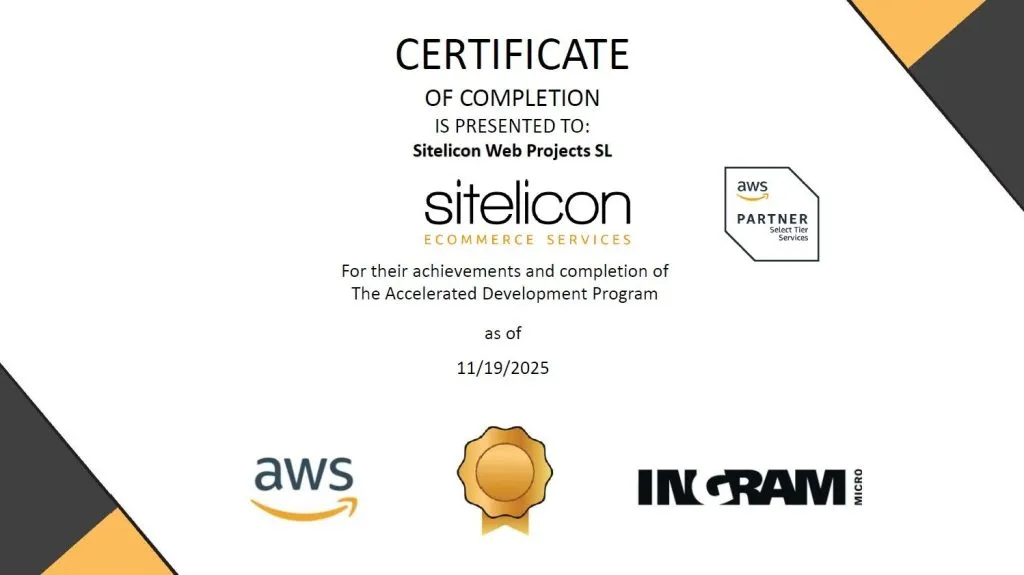 Certificado de finalización del Accelerated Development Program de AWS e Ingram Micro concedido a Sitelicon